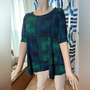 Dana Bachman Blue and Green Optical Illusion Pattern Stipe Blouse Size Large